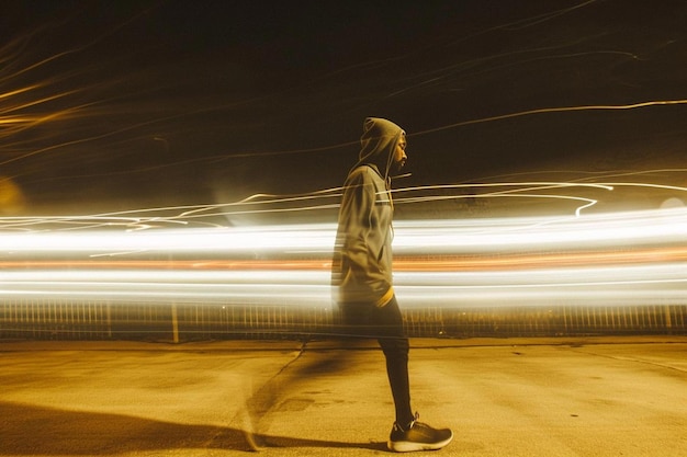 un homme marchant dans une rue la nuit