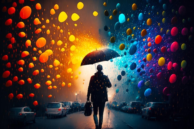 Homme marchant dans la rue tenant un parapluie sous un ciel de couleur arc-en-ciel rempli de ballons AI générative