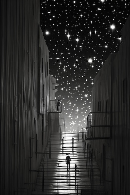 Un homme marchant dans une ruelle sombre avec un ciel étoilé au-dessus de lui.