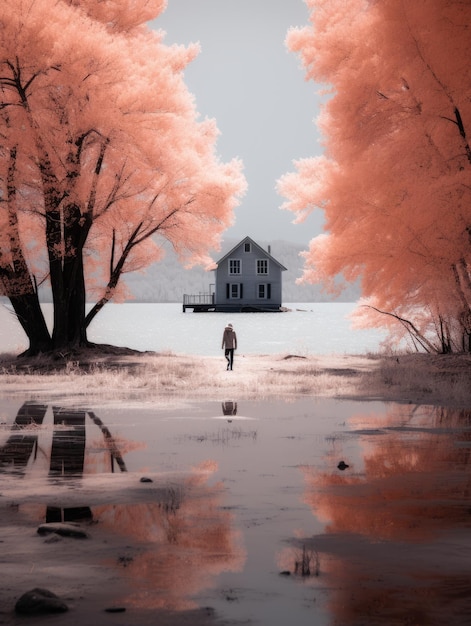 un homme marchant devant une maison dans une image infrarouge