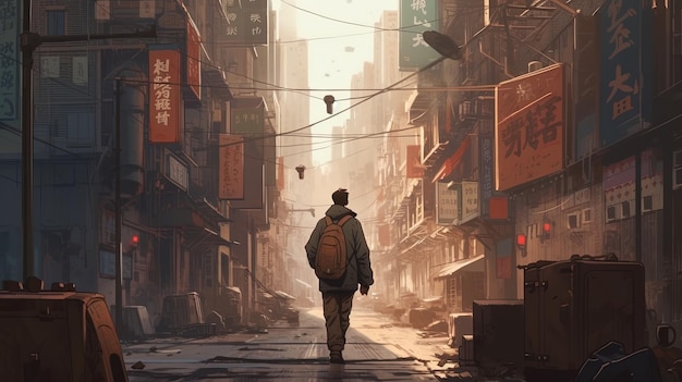 Homme marchant sur l'illustration de l'art numérique de la ville AI générative