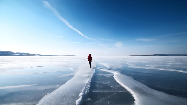 Un homme marchant sur un lac gelé en hiver