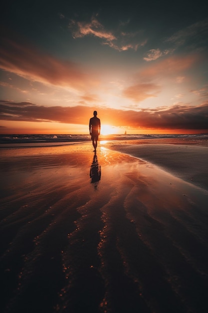 Un homme marchant sur la plage au coucher du soleil