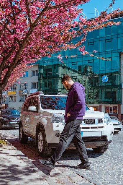 Homme marchant près de la voiture suv au jour de printemps ensoleillé arbre de sakura en fleurs