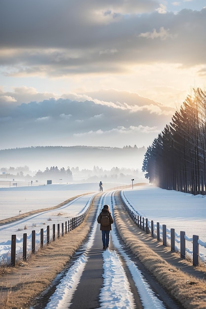 Un homme marchant sur la route du matin d'hiver