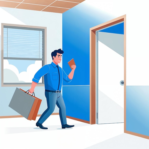 Un homme marchant avec un sac et un document dans un bureau