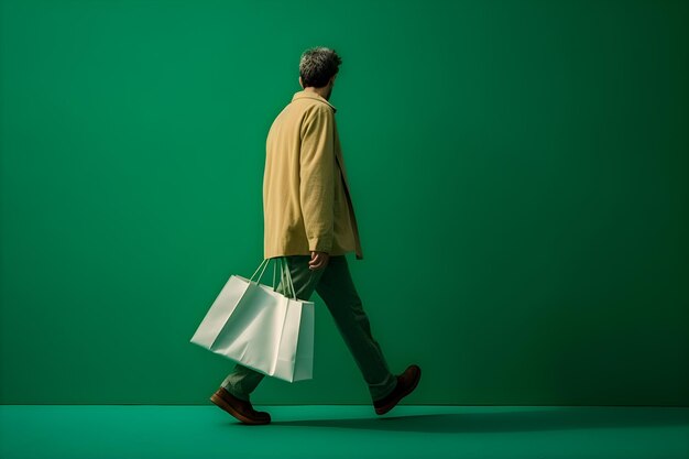 Homme marchant avec des sacs à provisions sur fond vert