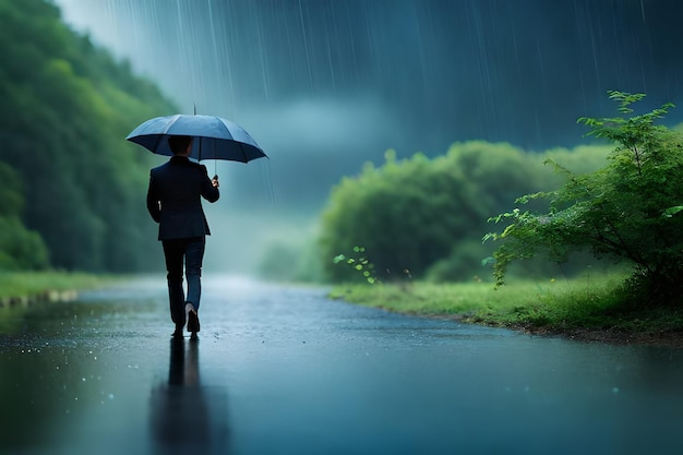 Homme marchant sous la pluie avec un parapluie