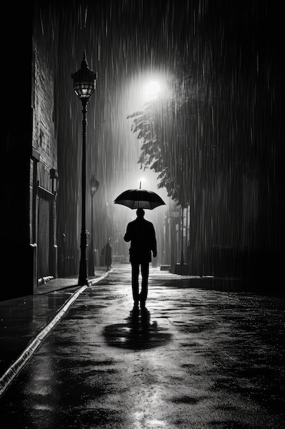 Un homme marchant sous la pluie tenant un parapluie.