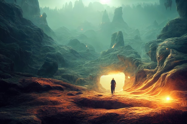 Homme marchant vers la lumière et entrant dans la grotte Art conceptuel Peinture numérique Illustration fantastique