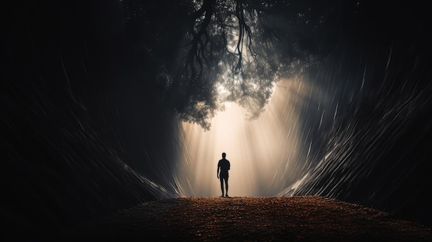 Un homme marchant vers une lumière vive dans la nature symbolisant le succès et la liberté