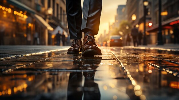 Un homme marche sur l'asphalte mouillé