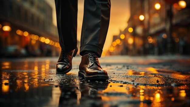 Photo un homme marche sur l'asphalte mouillé