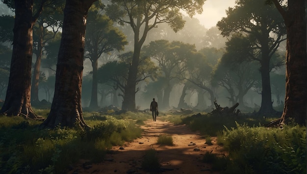 Un homme marche sur un chemin dans les bois.