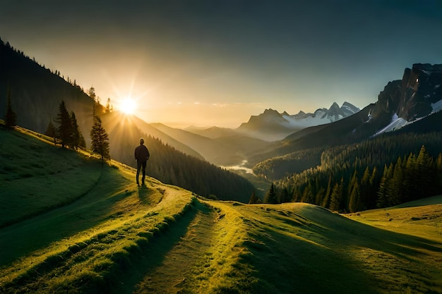 Un homme marche sur un chemin dans les montagnes.