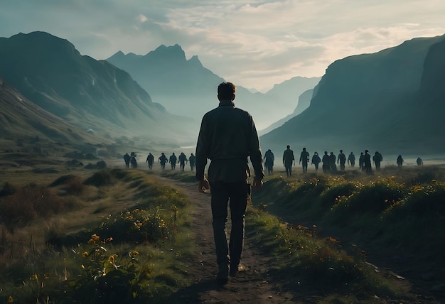 Photo un homme marche sur un chemin devant une montagne avec une file de gens qui marchent dans la distance