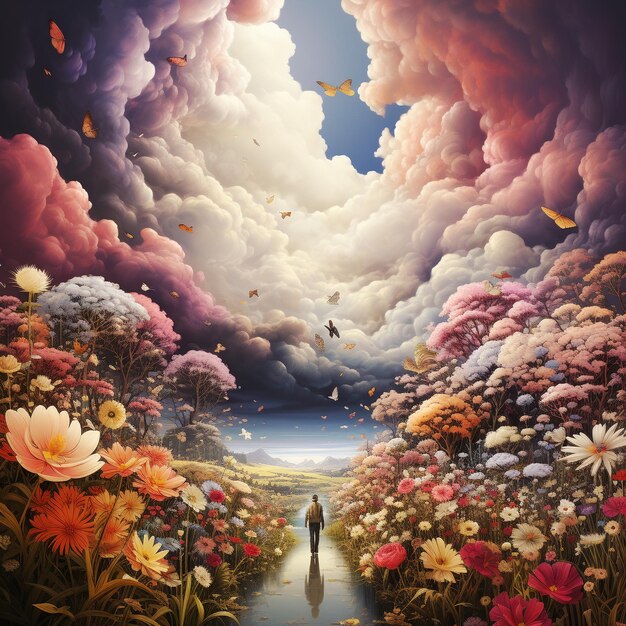 L'homme marche sur un chemin à travers les nuages et les fleurs de couleurs pastel soin de soi et concept d'espoir