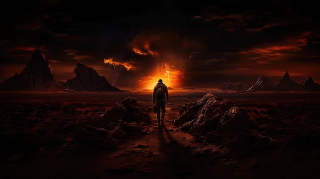 Un homme marche dans le désert avec un coucher de soleil derrière lui.