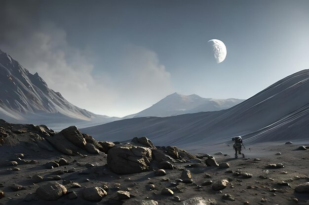 Un homme marche dans un désert avec une lune en arrière-plan.