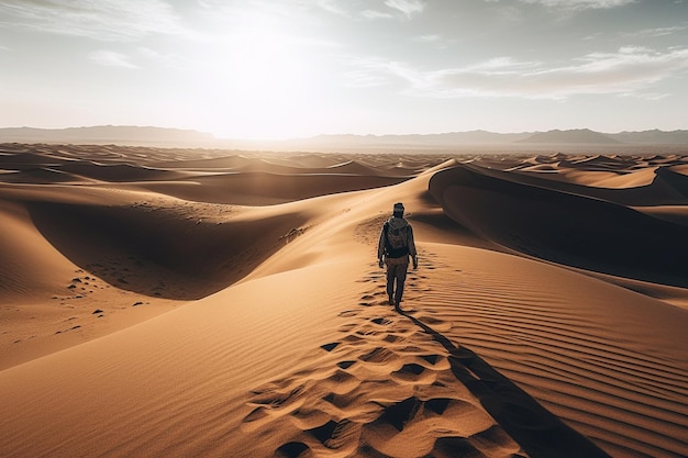 Un homme marche dans le désert avec le soleil couchant derrière lui.