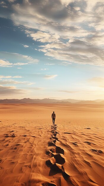 Un homme marche dans le désert avec le soleil qui se couche derrière lui.