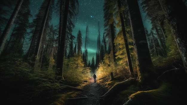 Un homme marche dans une forêt avec une lumière dans le noir.