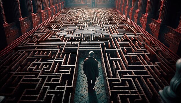 Un homme marche dans un labyrinthe avec les mots "le labyrinthe" sur la gauche