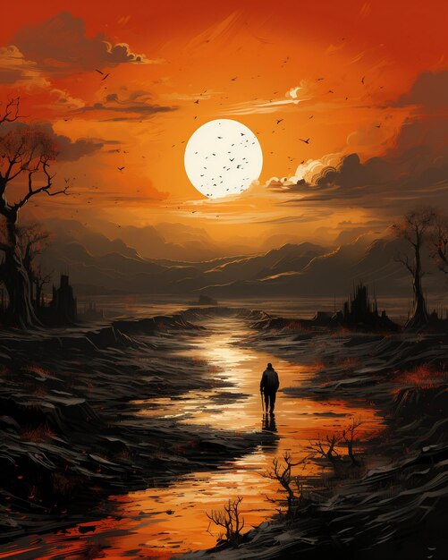 un homme marche dans le noir avec une pleine lune en arrière-plan.