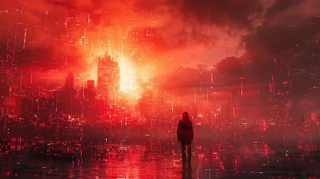 un homme marche dans la pluie avec un fond rouge