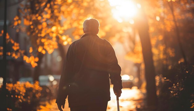 Photo un homme marche dans une rue à l'automne tenant une canne concept de vieillesse