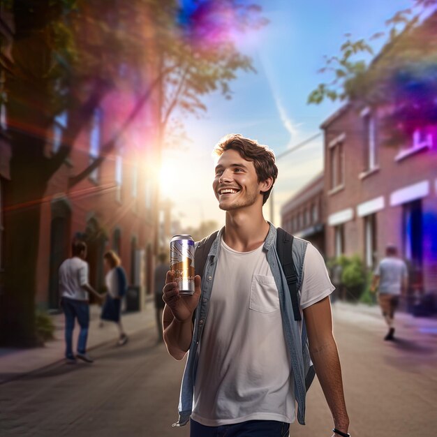 un homme marche dans la rue avec une boîte de soda