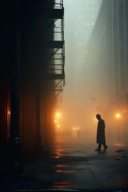 un homme marche dans une rue dans le brouillard