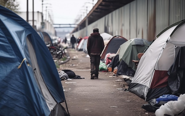 Un homme marche dans une rue devant des tentes et un tas d'ordures