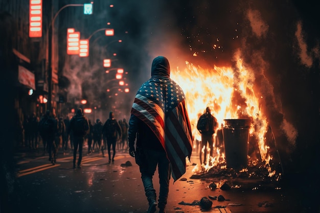 un homme marche dans une rue avec un drapeau qui dit "la fin du monde".