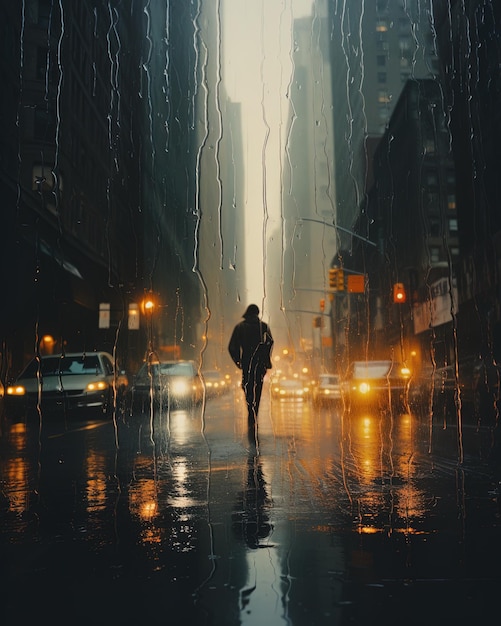un homme marche dans une rue humide sous la pluie