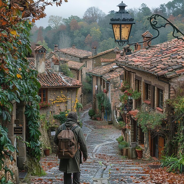 Photo un homme marche dans une rue pavée avec un sac à dos