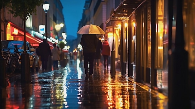 Un homme marche dans une rue pluvieuse avec un parapluie.