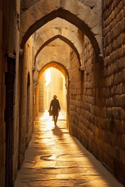 Un homme marche dans une ruelle avec le soleil qui brille à travers les arches.