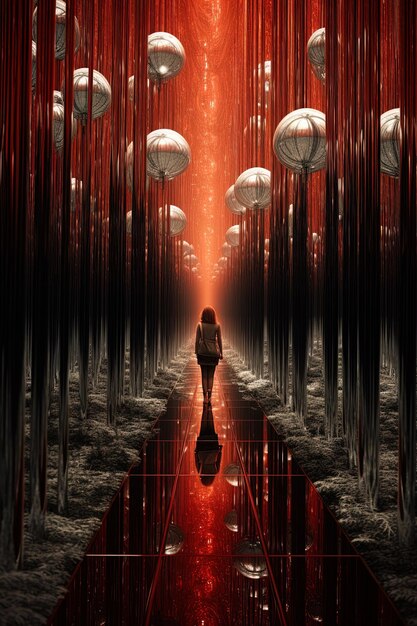 un homme marche dans un tunnel d'arbres avec un fond rouge avec des lumières