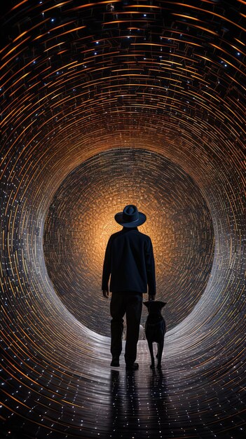 un homme marche dans un tunnel avec un chapeau sur la tête