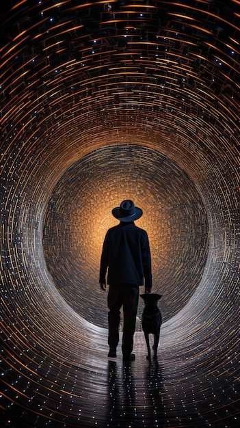 un homme marche dans un tunnel avec un chapeau sur la tête