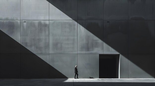 un homme marche devant un grand mur noir avec une flèche blanche