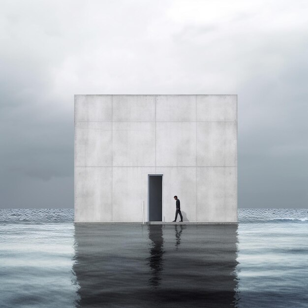 un homme marche devant un mur blanc avec un homme qui marche dans l'eau.