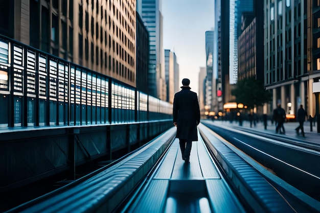 Un homme marche sur un escalator devant un immeuble.