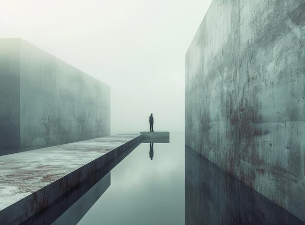 Photo un homme marche sur une jetée dans l'inconnu.