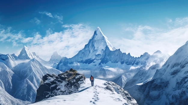 Un homme marche sur une montagne enneigée.