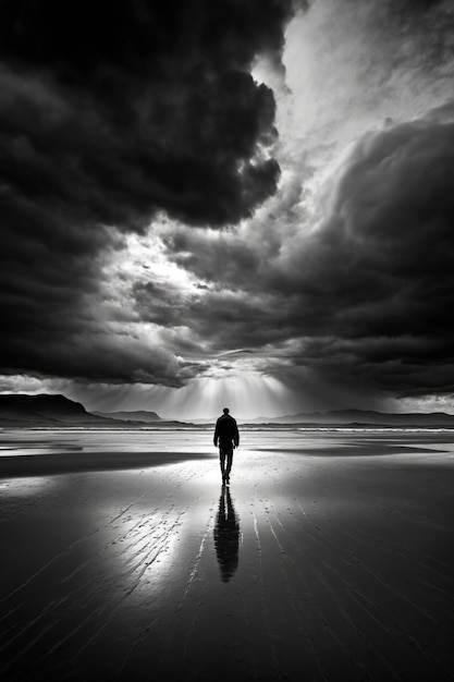 Un homme marche sur une plage avec le soleil qui brille à travers les nuages