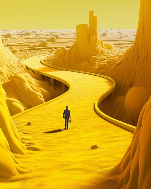 un homme marche sur une route dans un désert avec un château en arrière-plan.