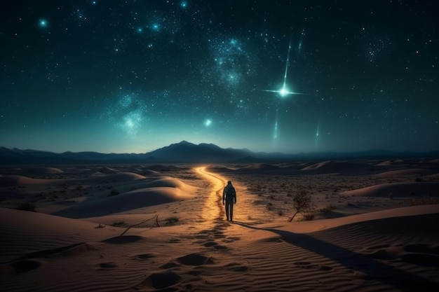 Un homme marche sur une route du désert avec un ciel étoilé en arrière-plan.