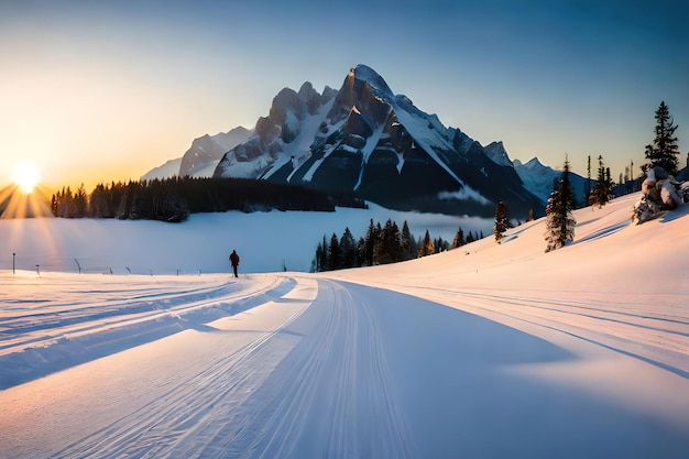 Un homme marche sur une route enneigée avec une montagne en arrière-plan